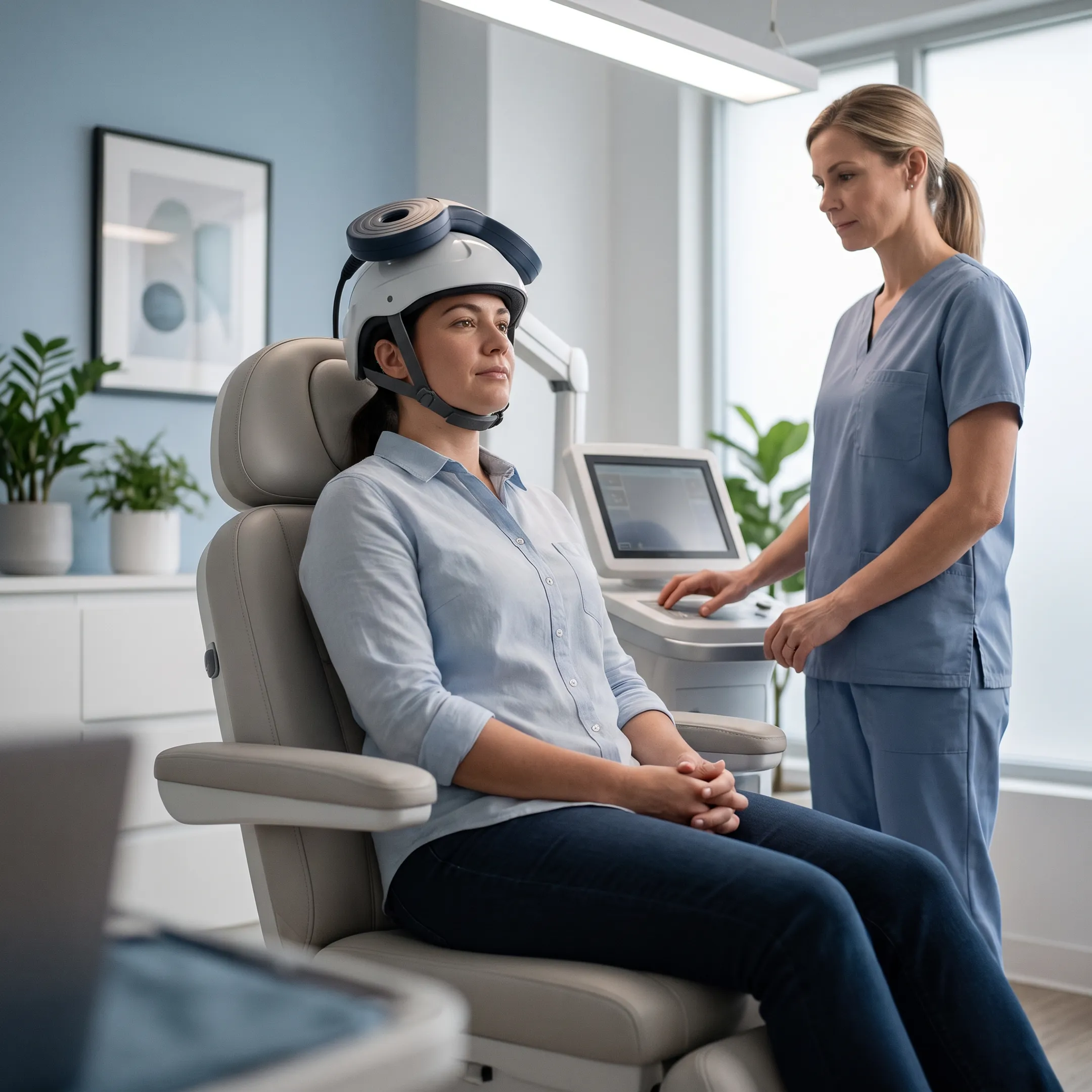 Clinician discussing TMS treatment with a patient