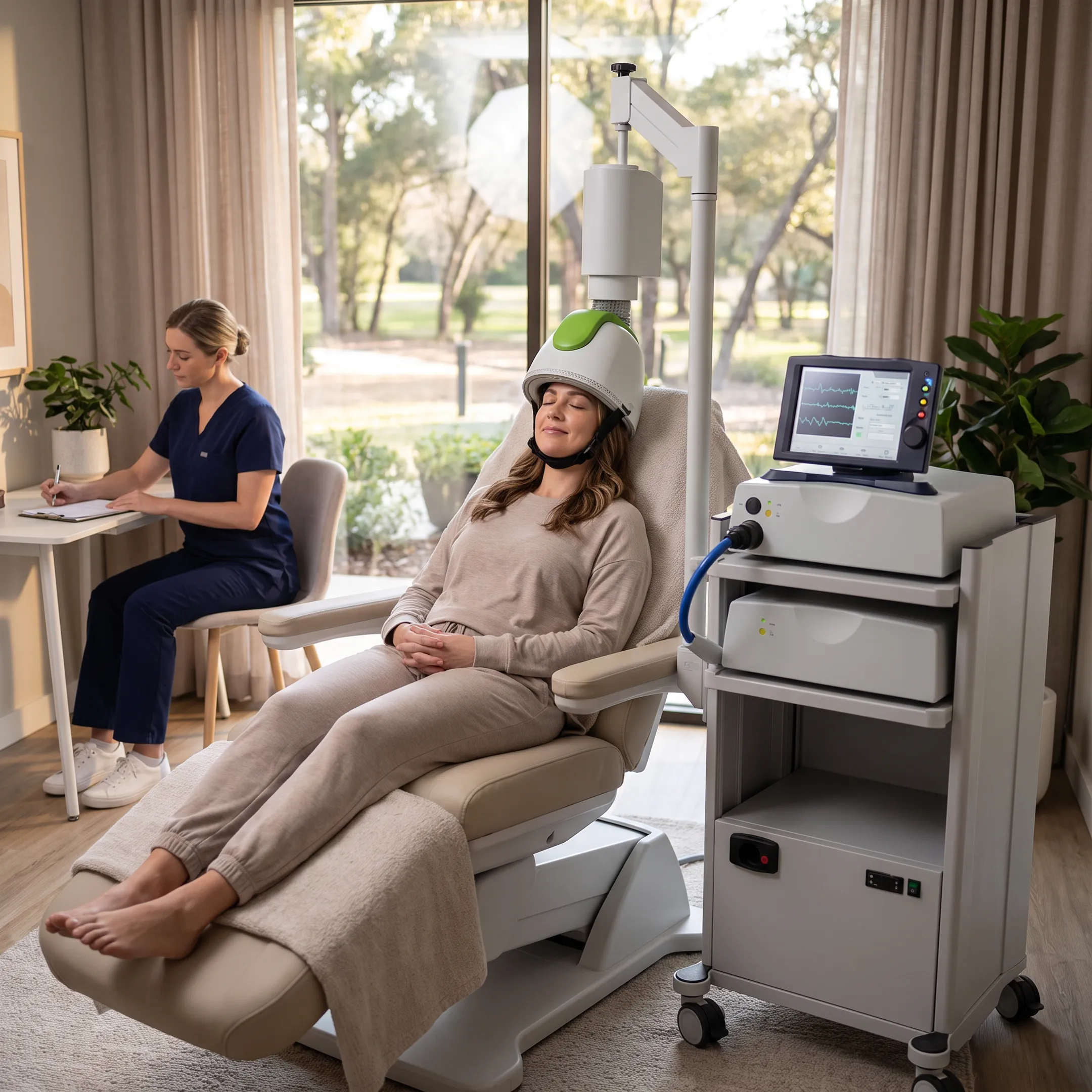 Clinician preparing a patient for TMS therapy