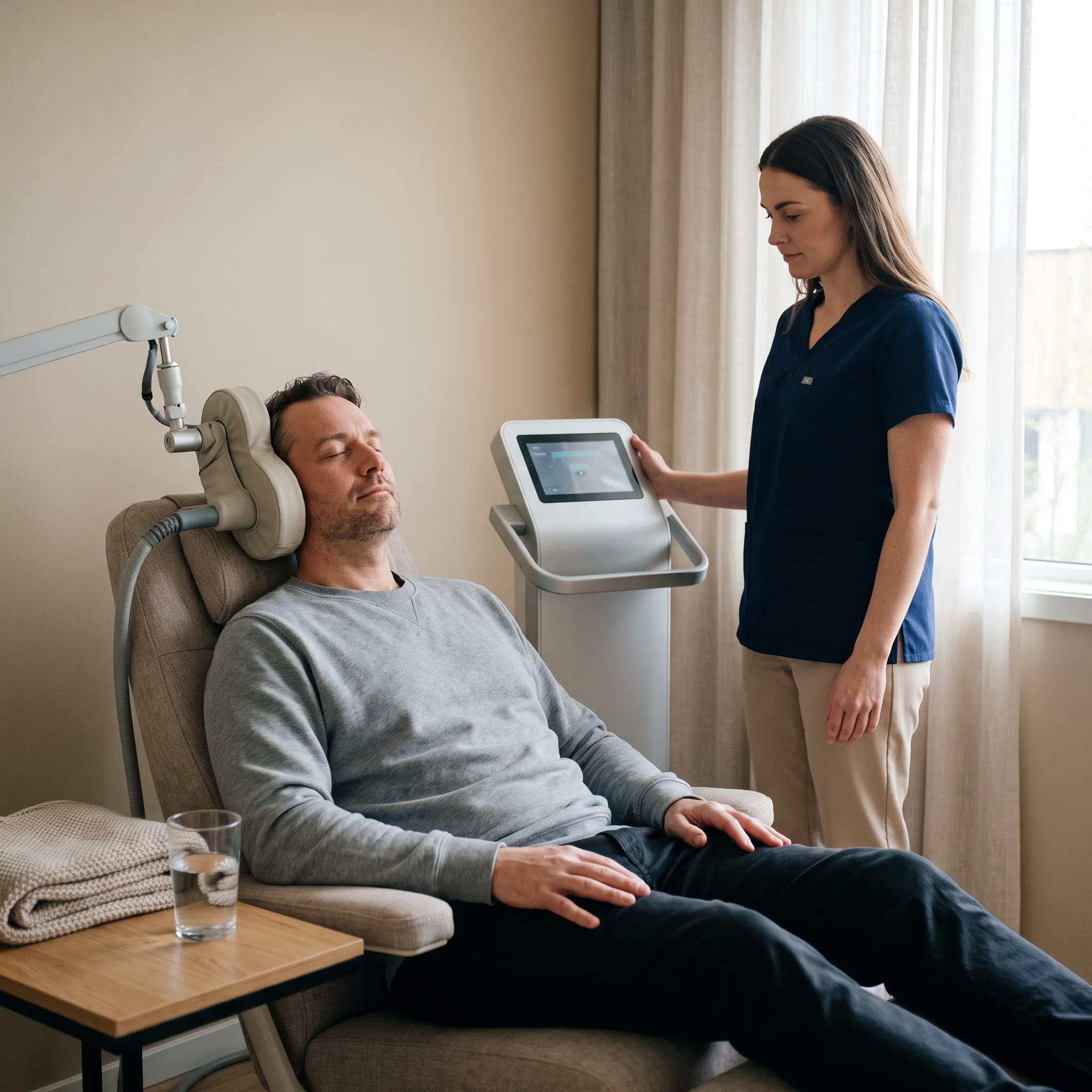 Patient receiving Deep TMS treatment in a comfortable clinic