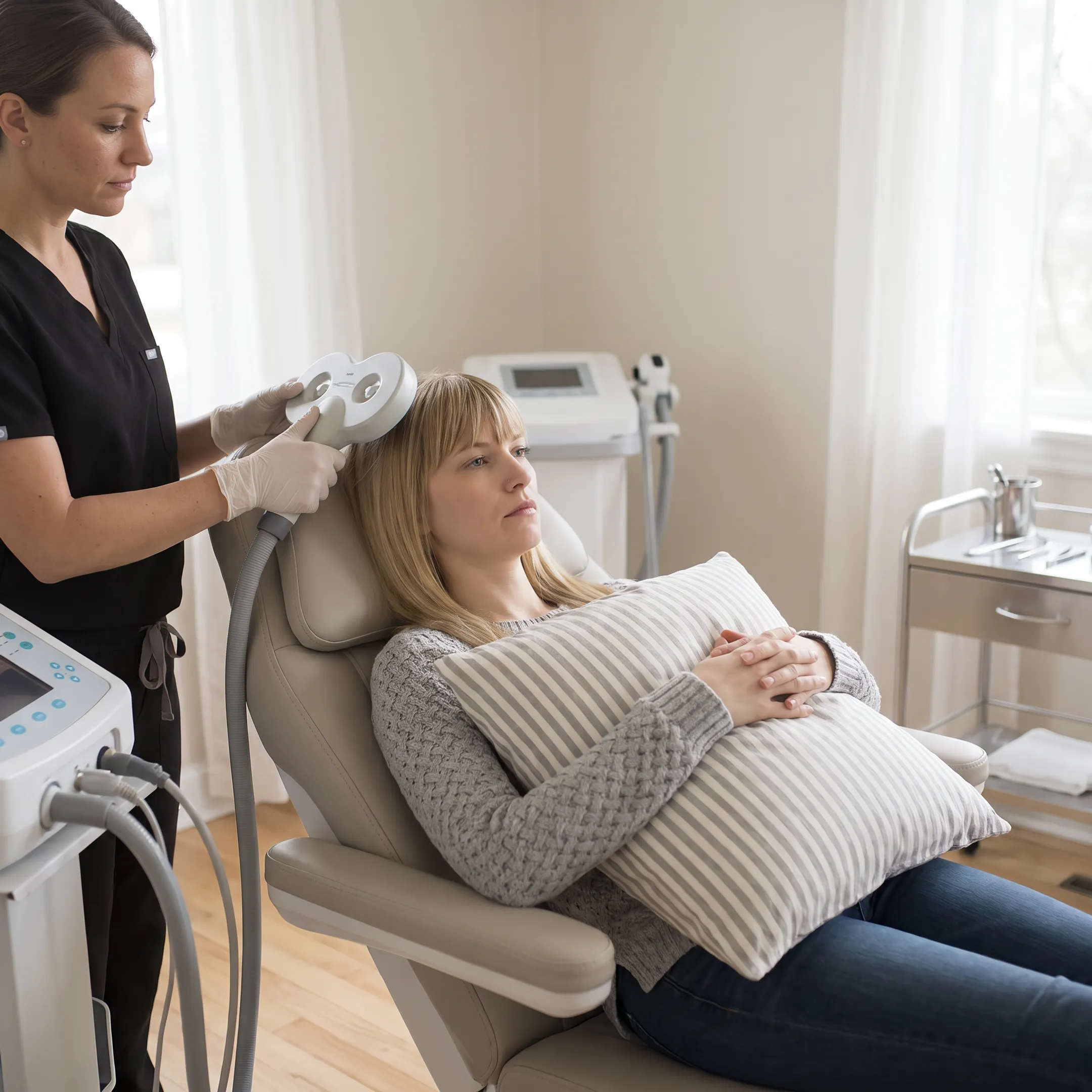 Patient receiving non-invasive TMS treatment in a clinic