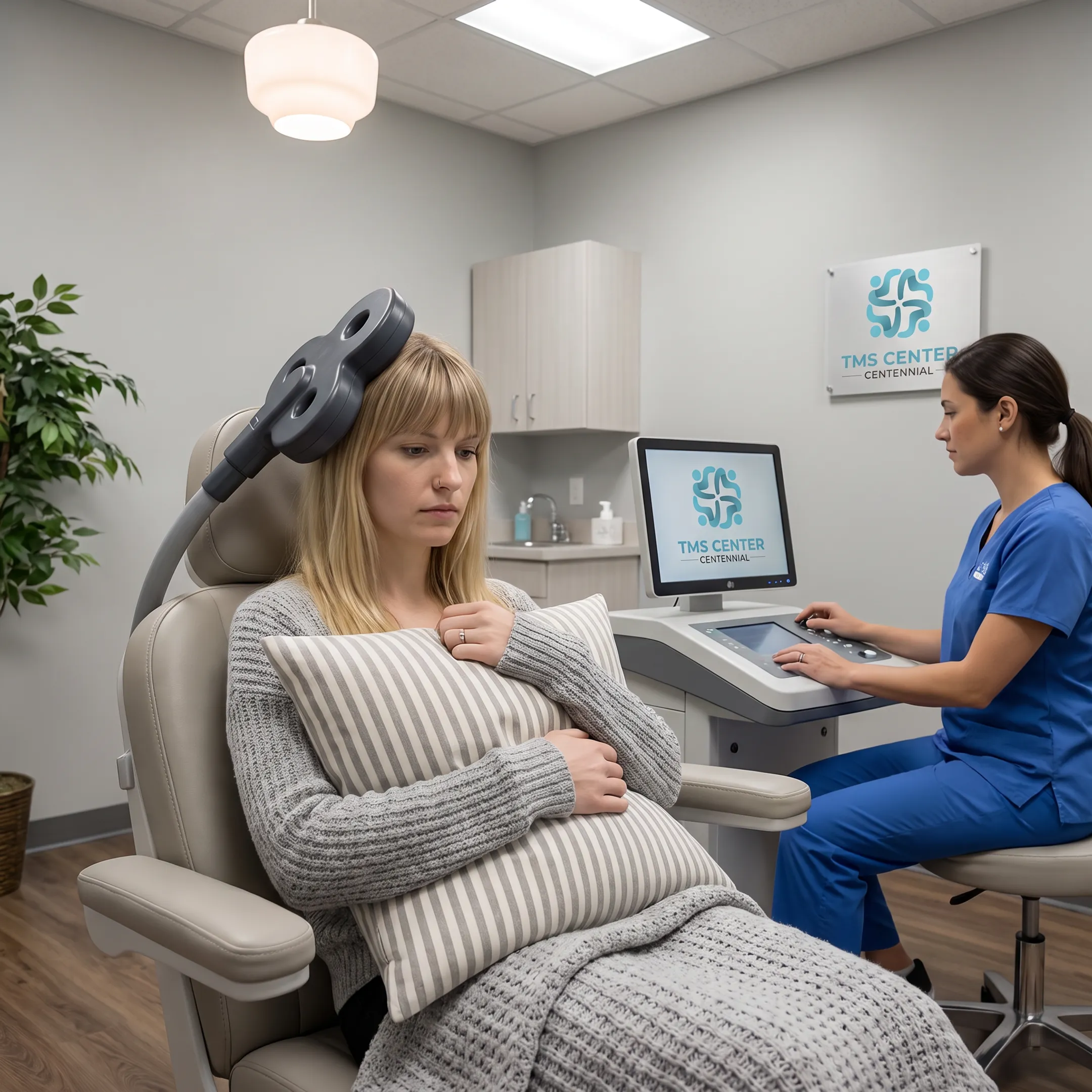 Patient receiving non-invasive TMS therapy in a clinical setting