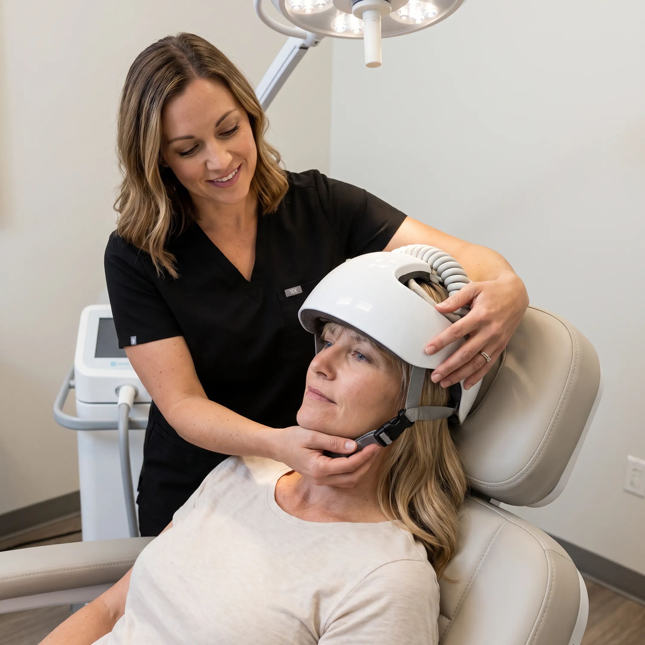 Patient receiving a non-invasive TMS therapy session