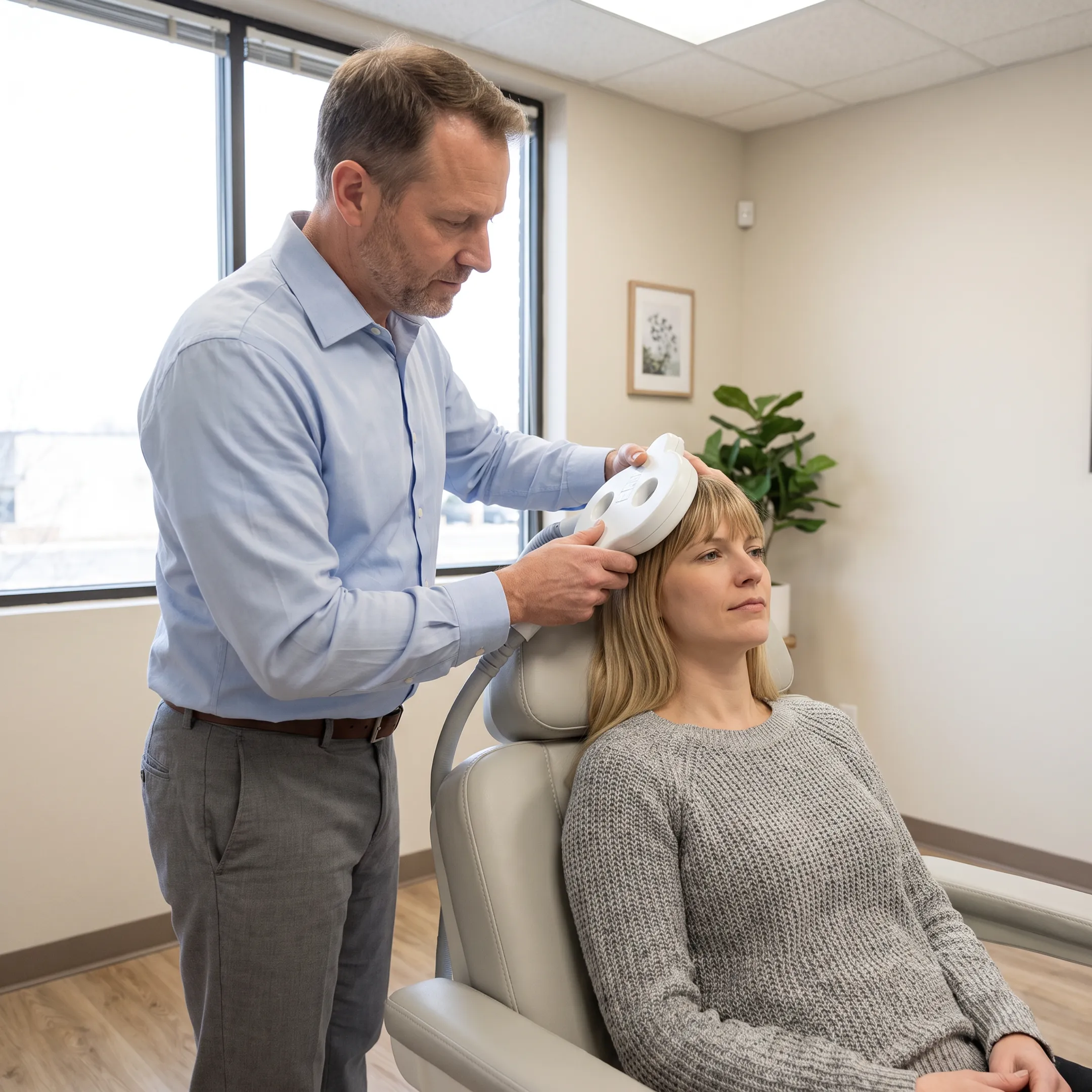Patient receiving an outpatient TMS therapy session