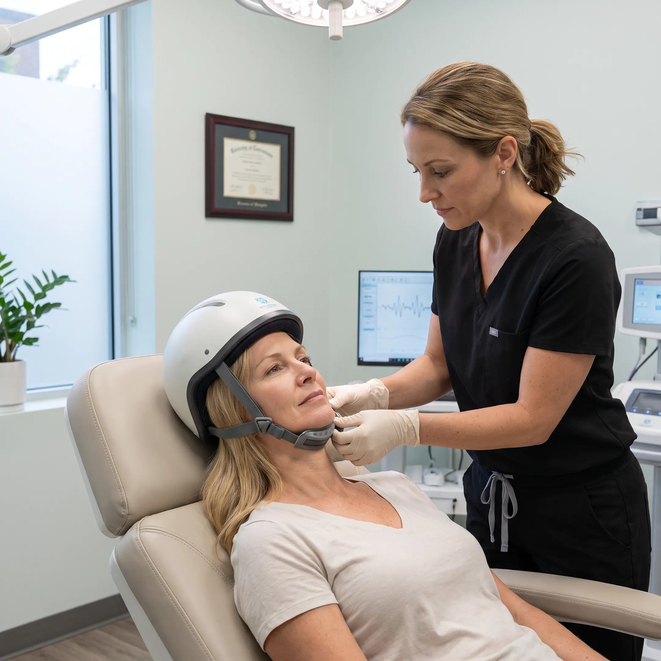 Patient receiving non-invasive TMS treatment