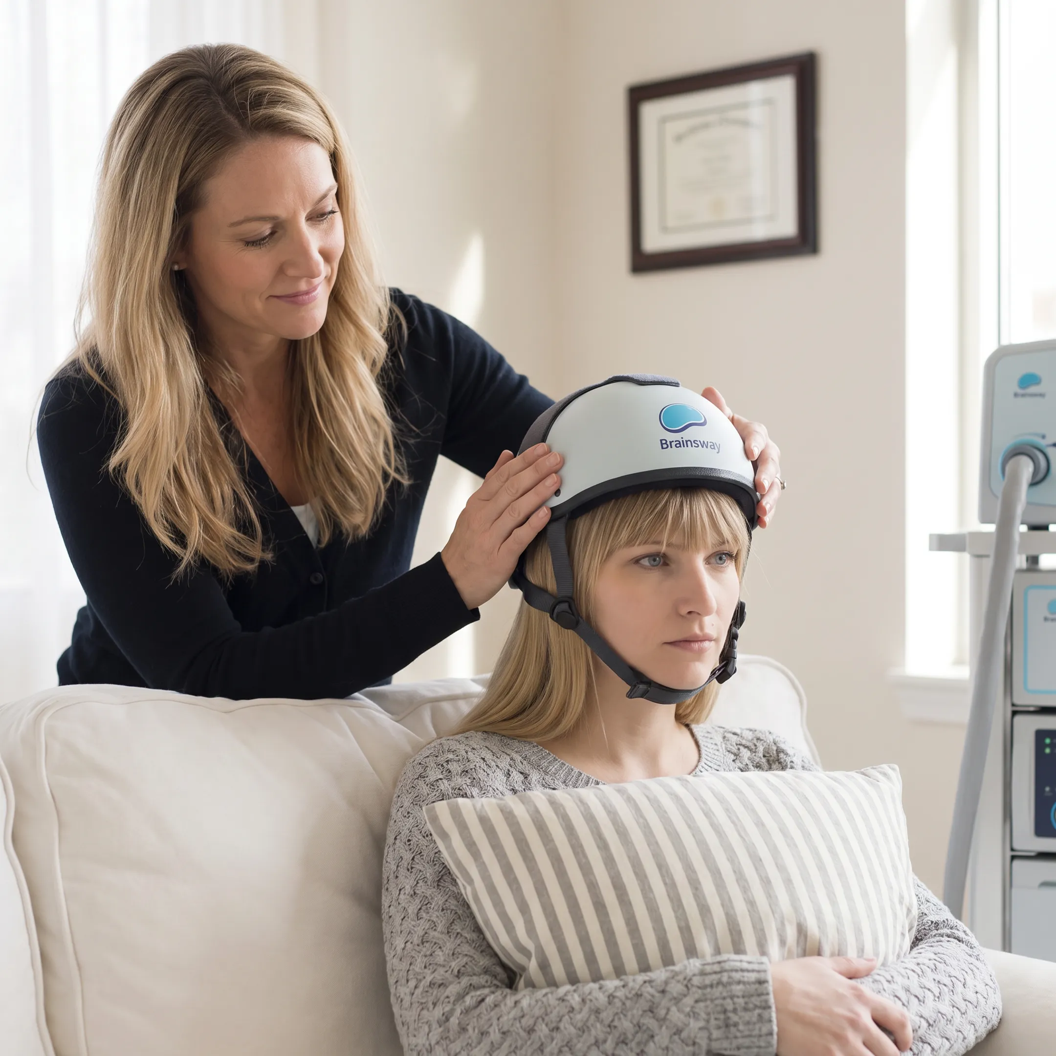Patient receiving Deep TMS treatment in a calm clinical setting