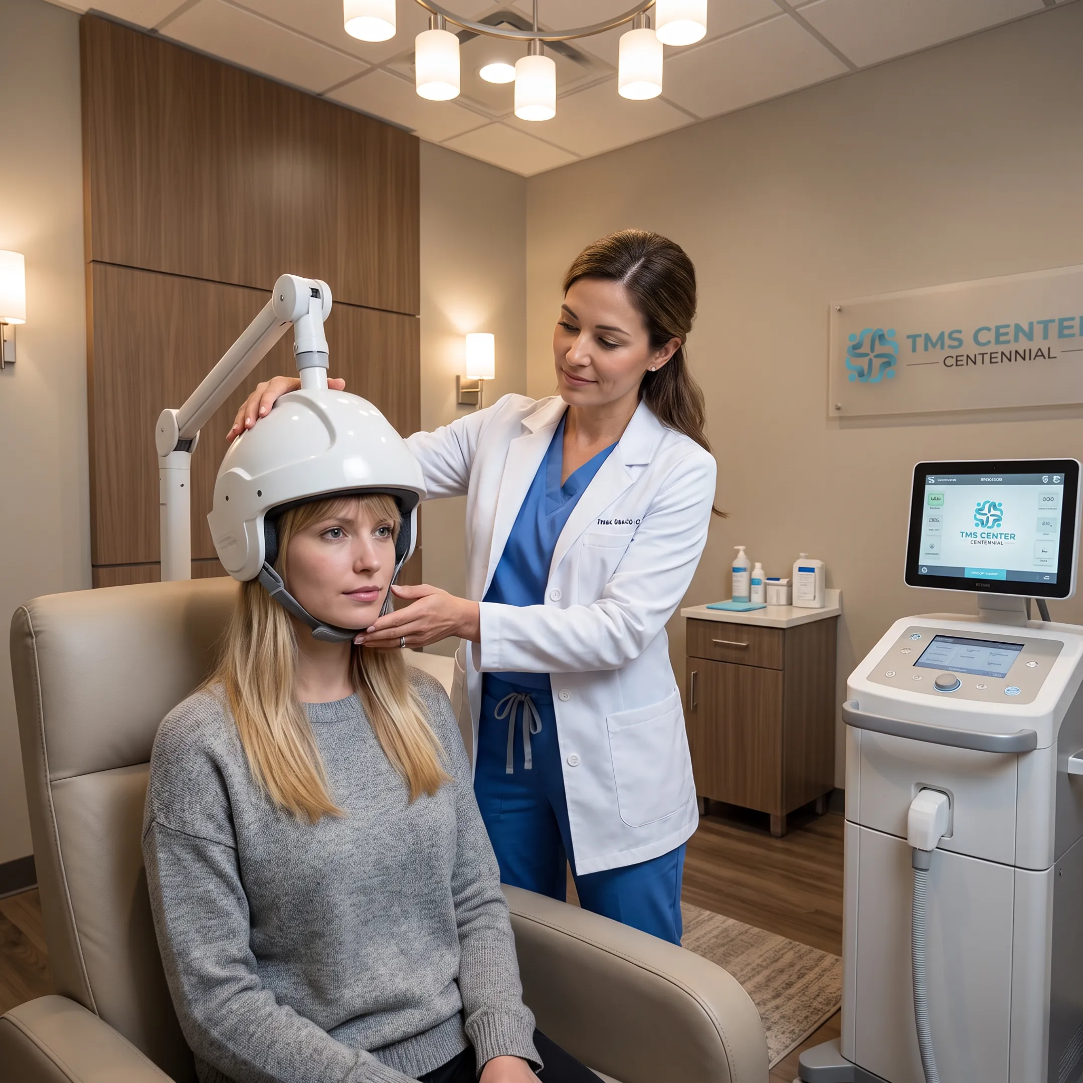 Clinician preparing a patient for TMS therapy