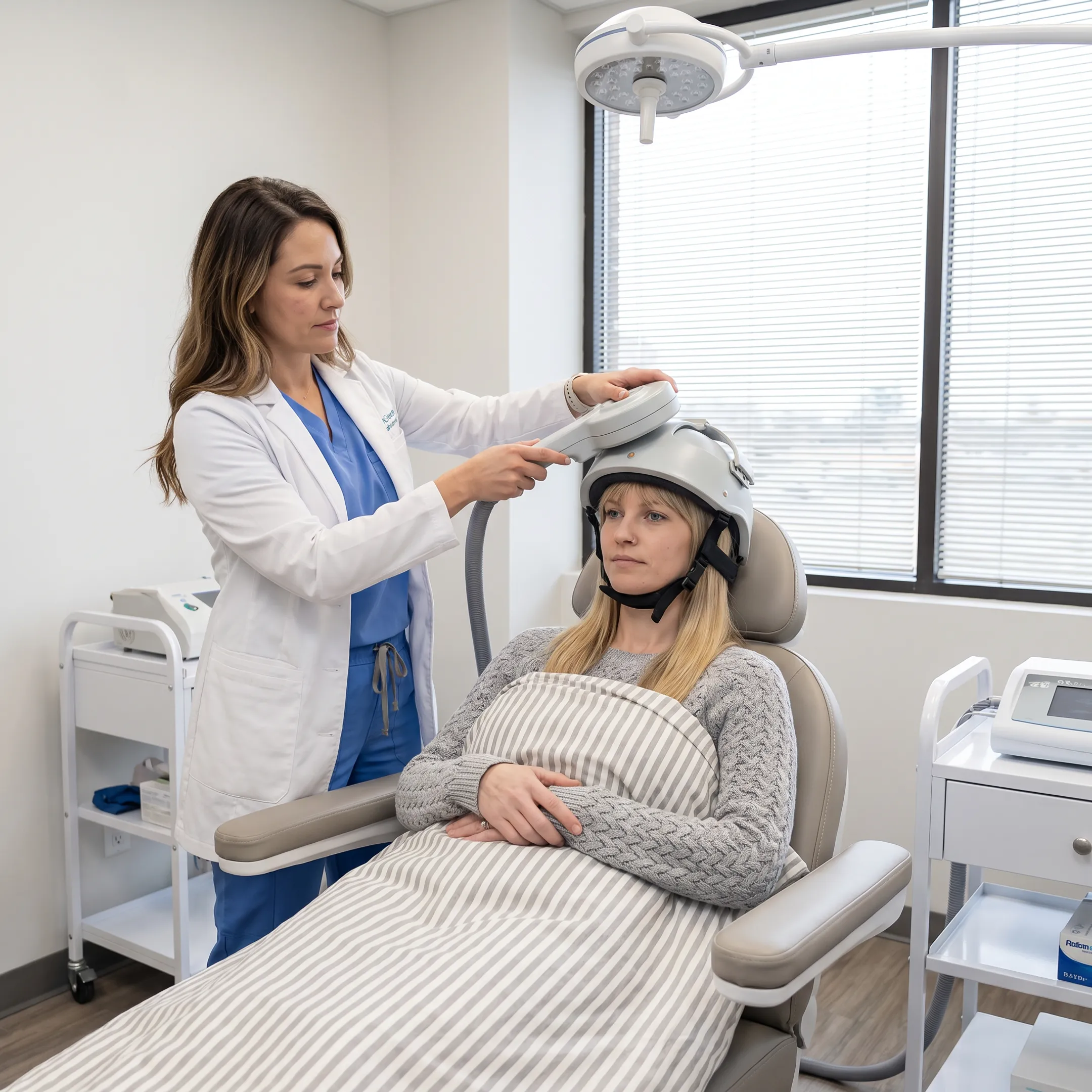 Patient receiving a comfortable TMS therapy session