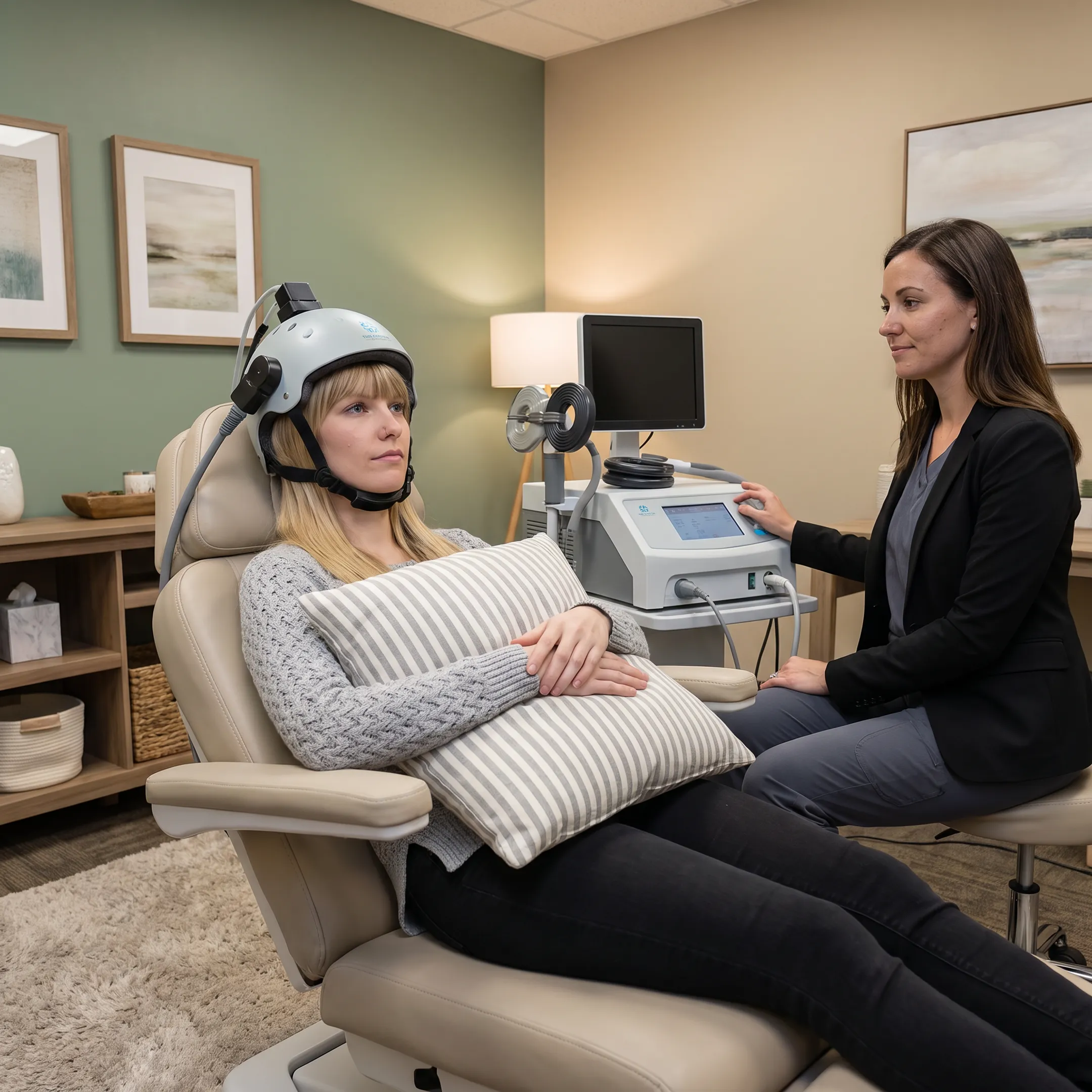Patient receiving non-invasive TMS therapy in a comfortable clinic