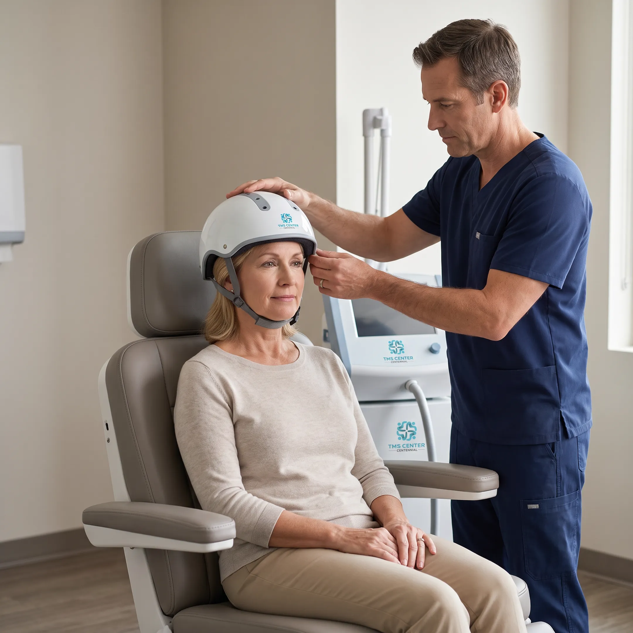 Patient receiving non-invasive TMS therapy