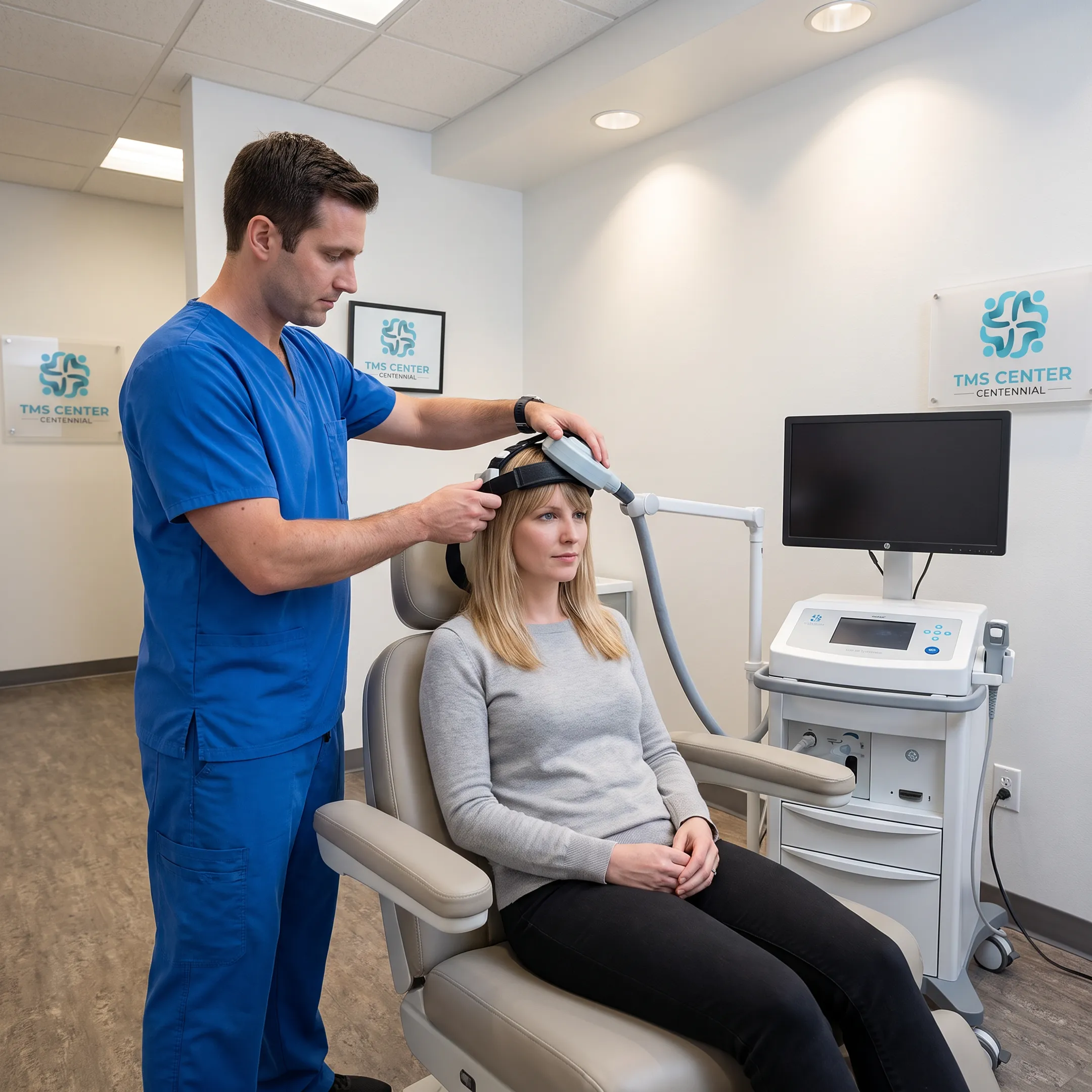 Patient receiving TMS therapy in a clinical setting