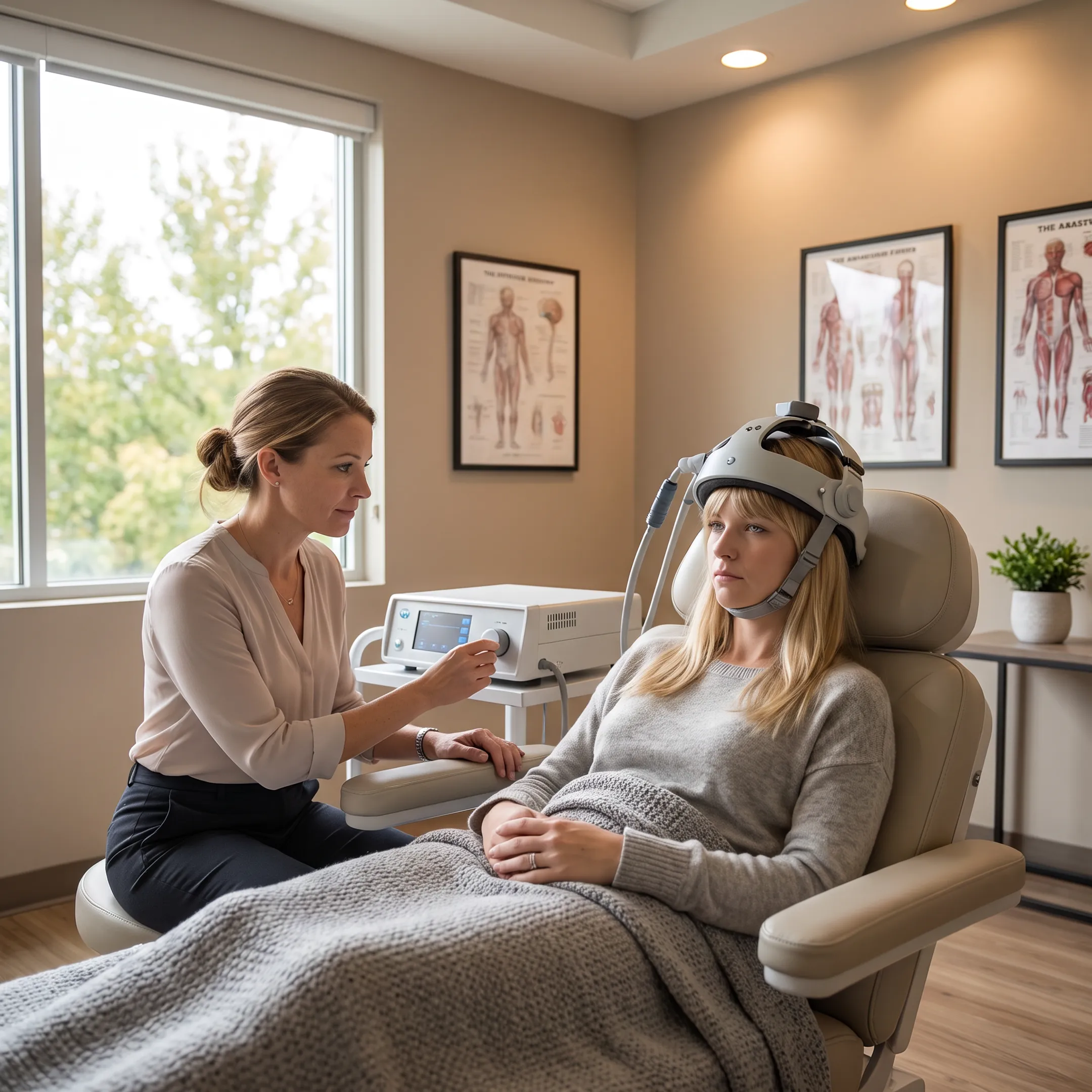 Patient receiving non-invasive TMS treatment for depression