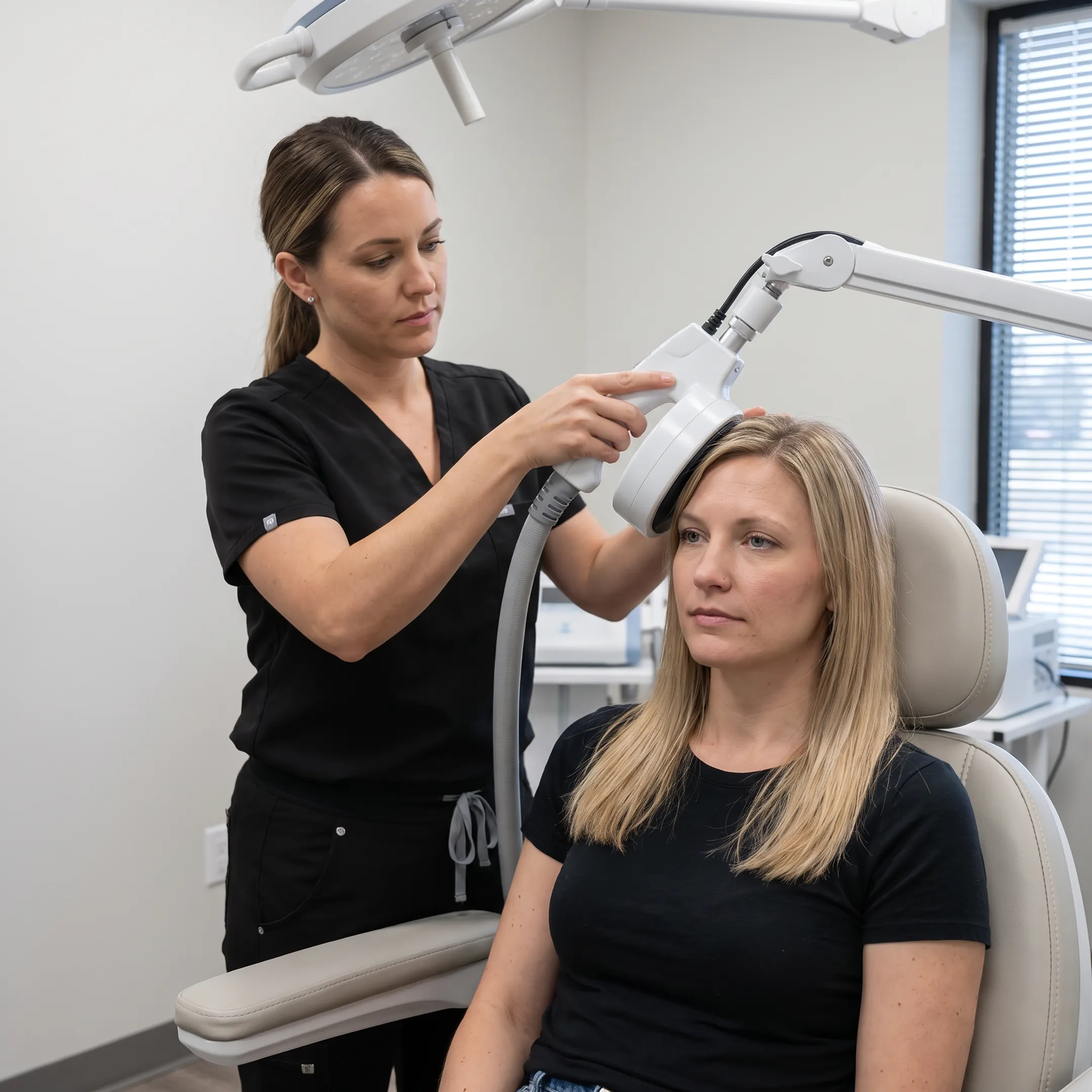 Patient receiving non-invasive TMS therapy in a calm clinic