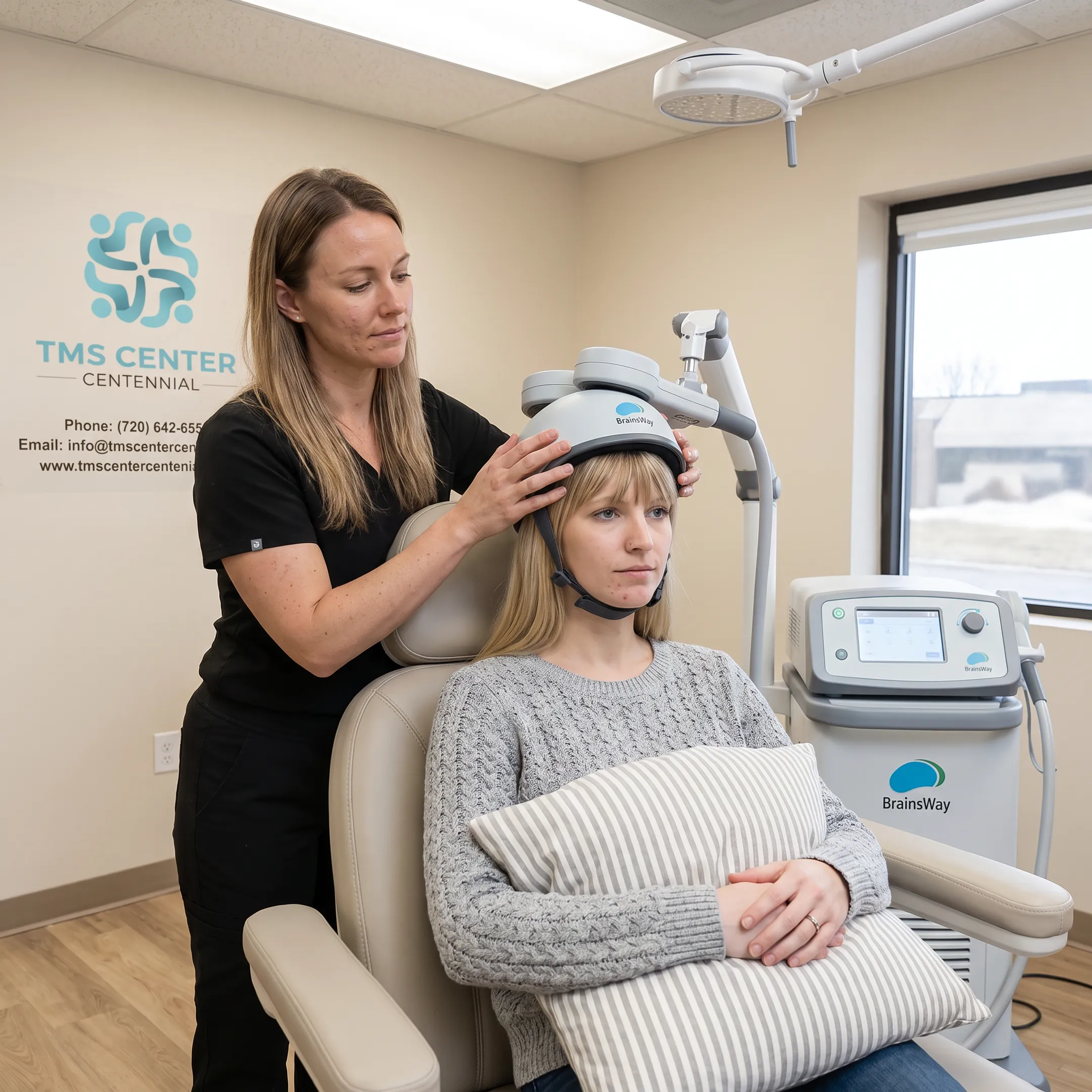 Clinician preparing a patient for a Deep TMS session