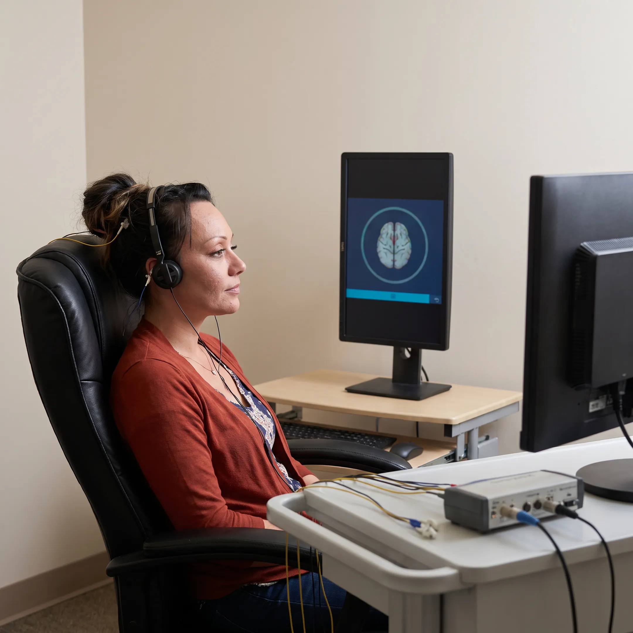 Client receiving comfortable neurofeedback brain training