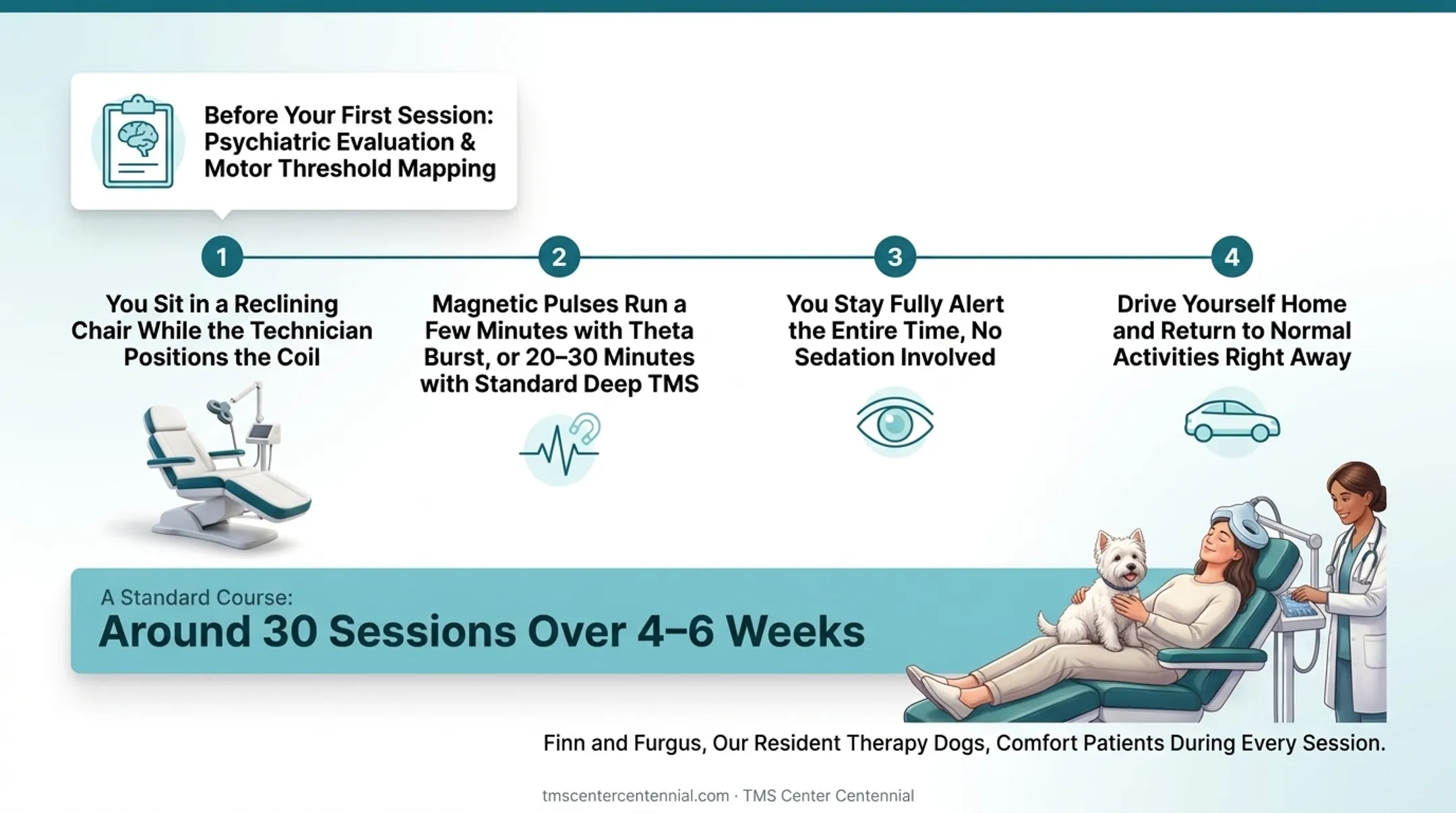Therapy dog comforting patient during TMS treatment session
