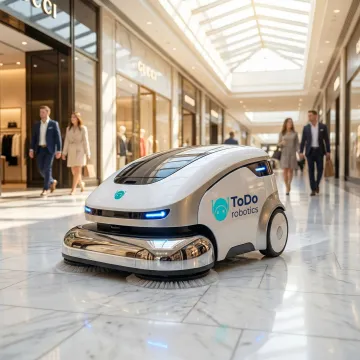 Autonomous cleaning robot working efficiently in busy retail mall corridor