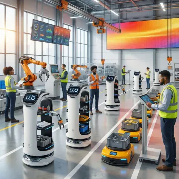 Robotic automation system working alongside human operators in modern facility