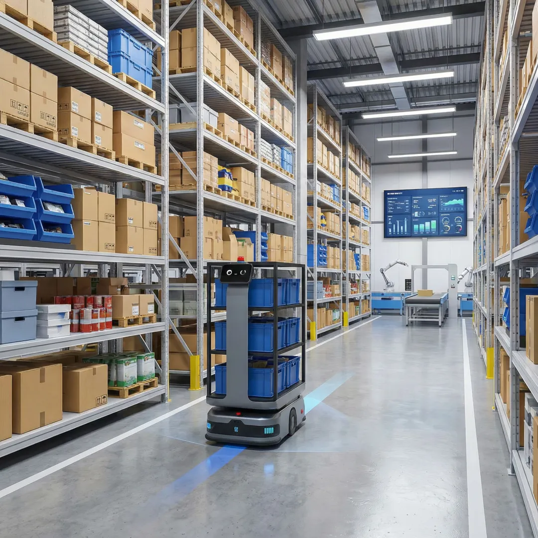 Autonomous mobile robot navigating warehouse aisles with goods