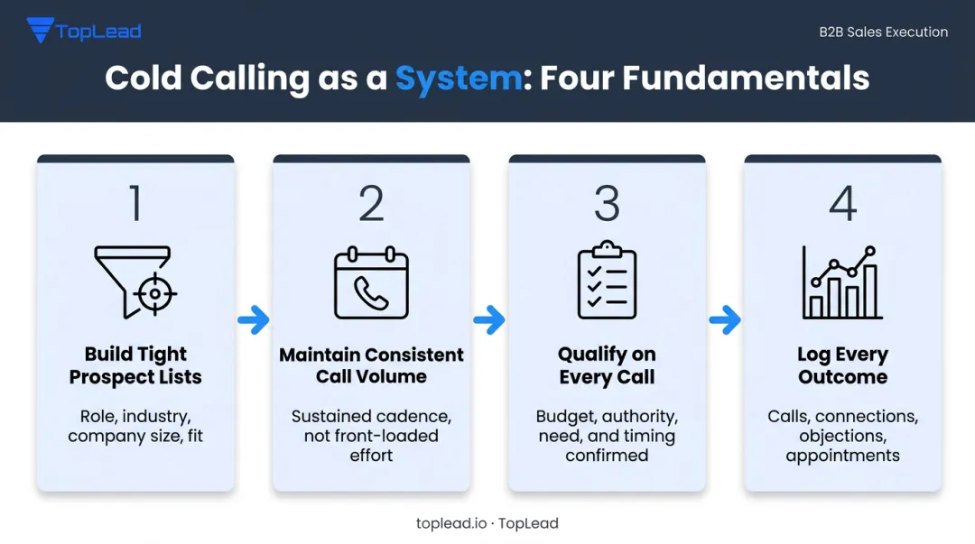 Four-step outbound cold calling system process flow from list building to outcome logging