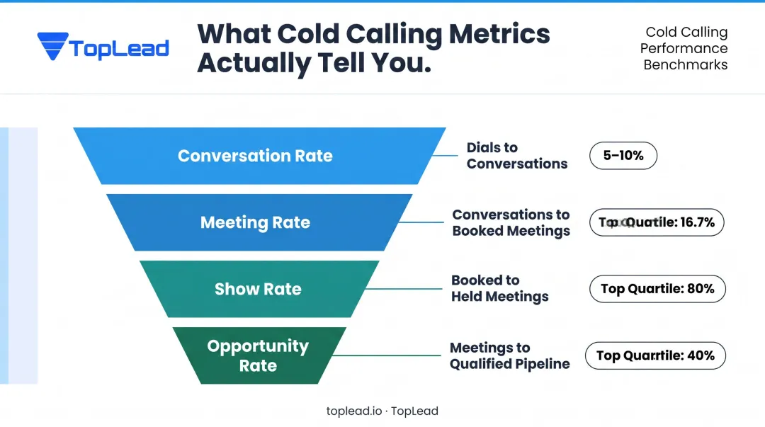 Four key B2B cold calling metrics funnel from dials to qualified pipeline