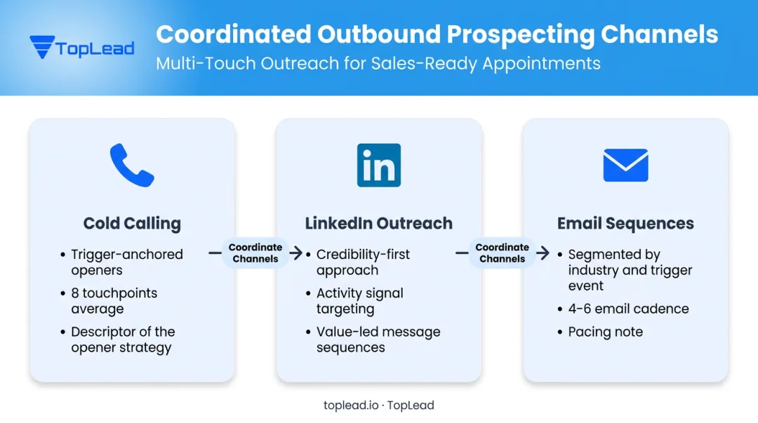 Three-channel PEO outbound prospecting strategy cold call LinkedIn email workflow