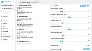 LinkedIn account settings interface showing connection limits and messaging policy controls