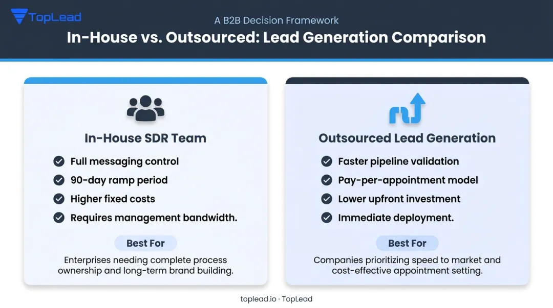 In-house SDR team versus outsourced lead generation side-by-side comparison infographic