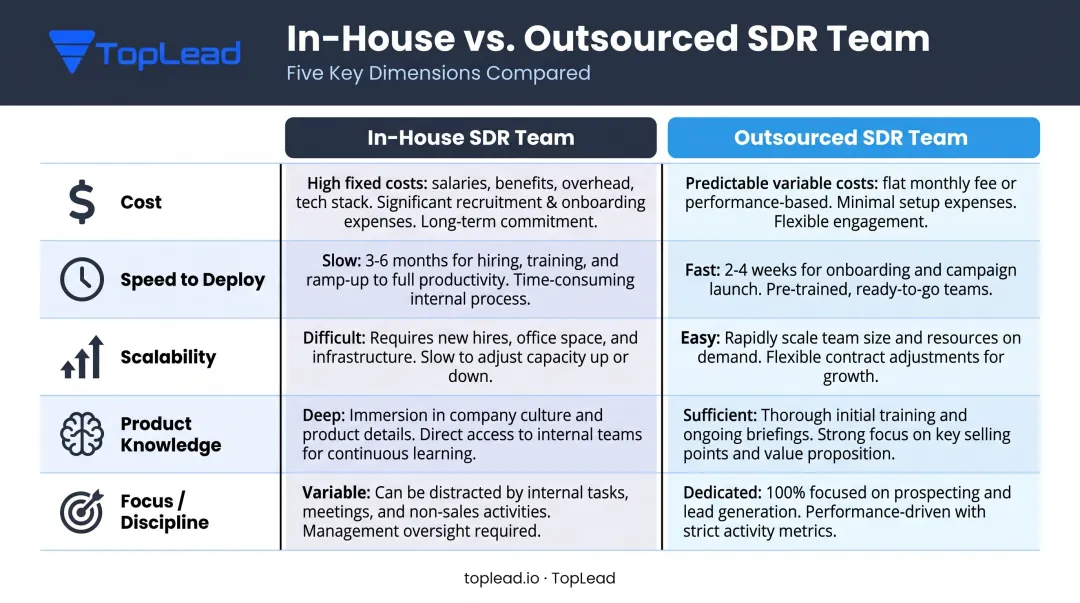 In-house versus outsourced SDR team five-dimension comparison infographic