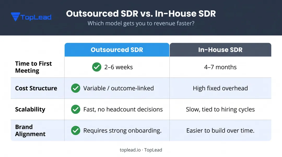 Outsourced versus in-house SDR side-by-side comparison across four key dimensions