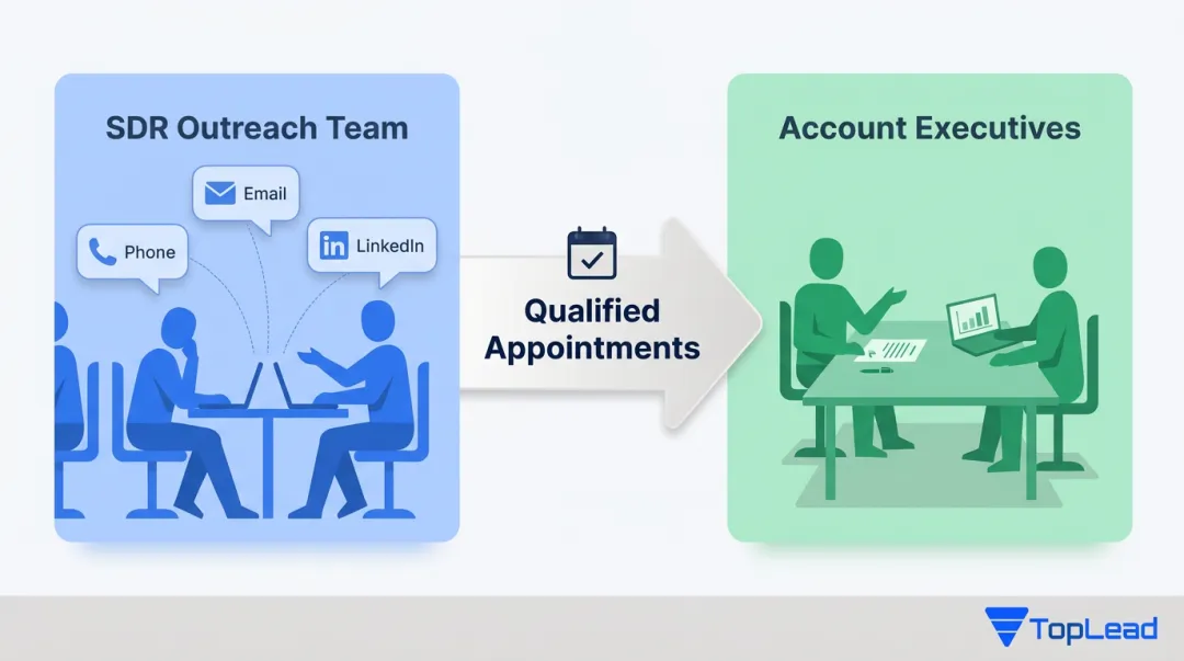 Hybrid sales team model combining outsourced SDR prospecting with internal account executive closing