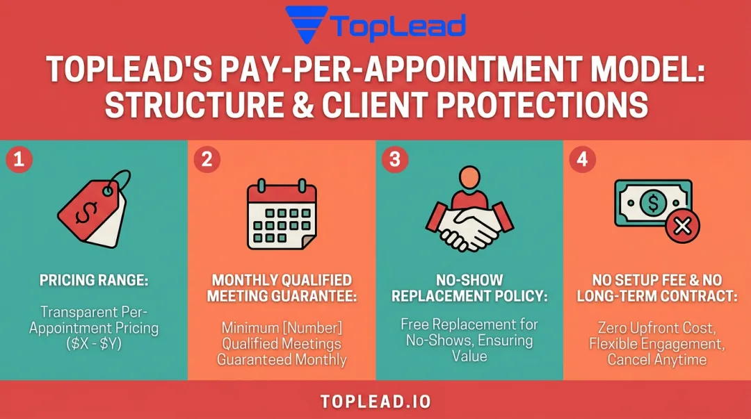 TopLead pay-per-appointment model showing qualified meeting guarantees and key protections