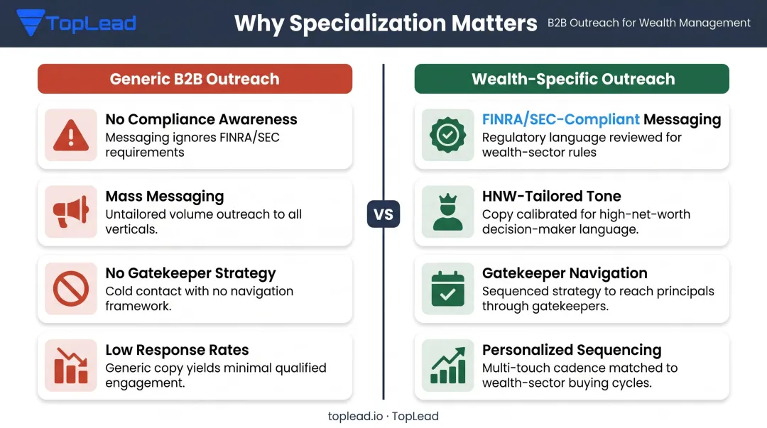 Wealth management prospecting requirements versus generic B2B outreach key differences