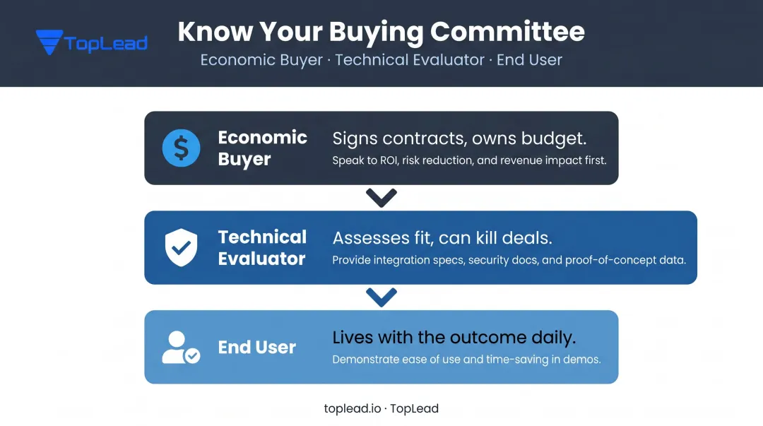B2B buying committee three key roles economic buyer technical evaluator end user
