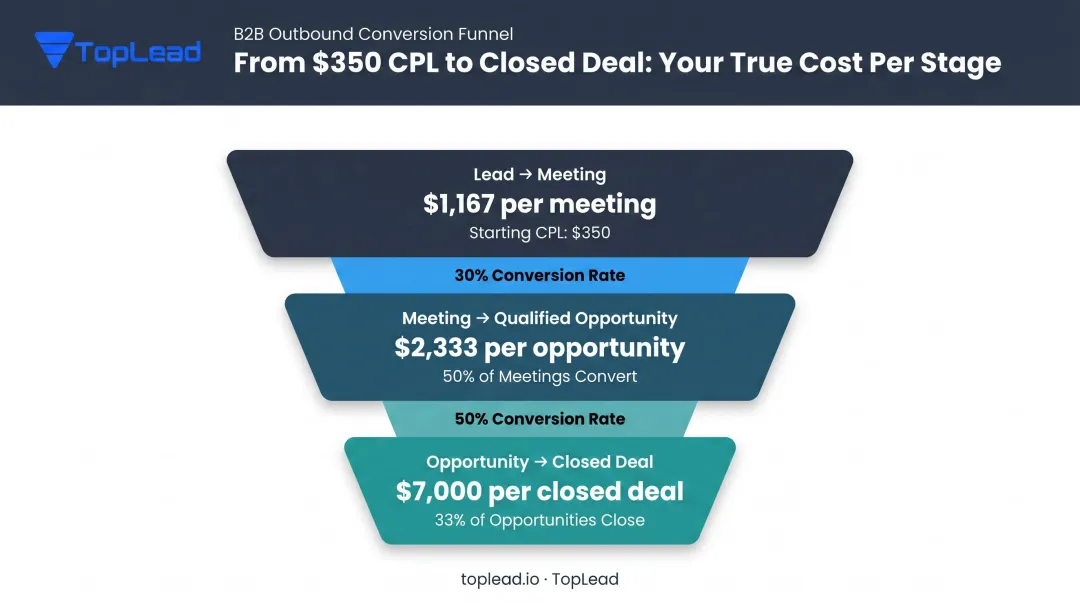 B2B lead generation conversion funnel showing CPL to cost-per-closed-deal stages