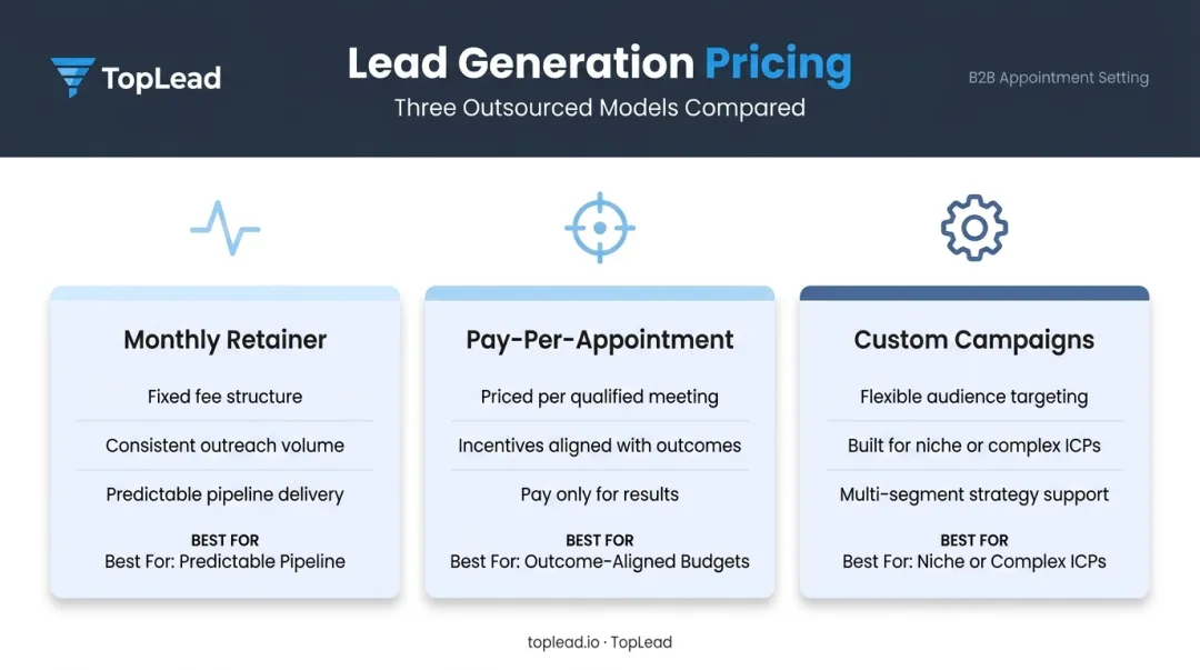 Three B2B lead generation pricing models comparison pay-per-appointment retainer and custom