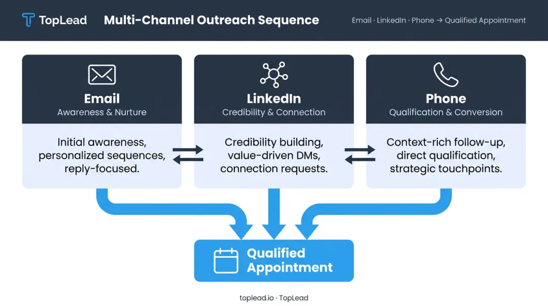 Three-channel B2B outreach strategy email LinkedIn and phone sequence flow