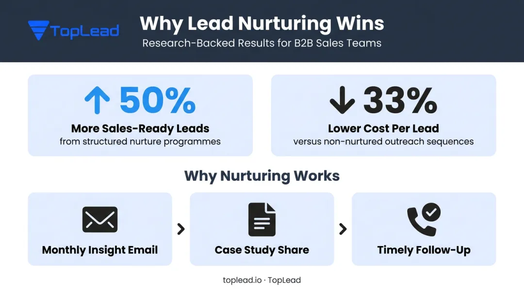 Lead nurturing statistics showing 50 percent more sales ready leads at 33 percent lower cost