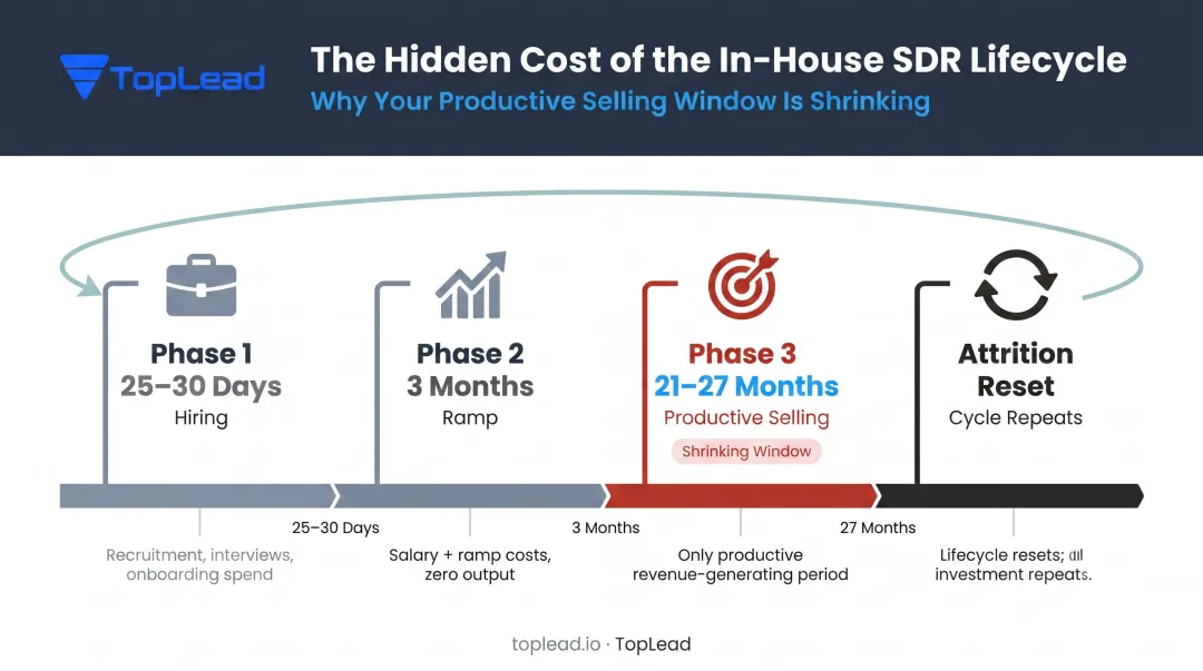 SDR hiring lifecycle showing ramp time attrition and productive selling window