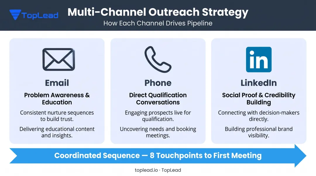 Three-channel B2B outreach strategy roles of email phone and LinkedIn