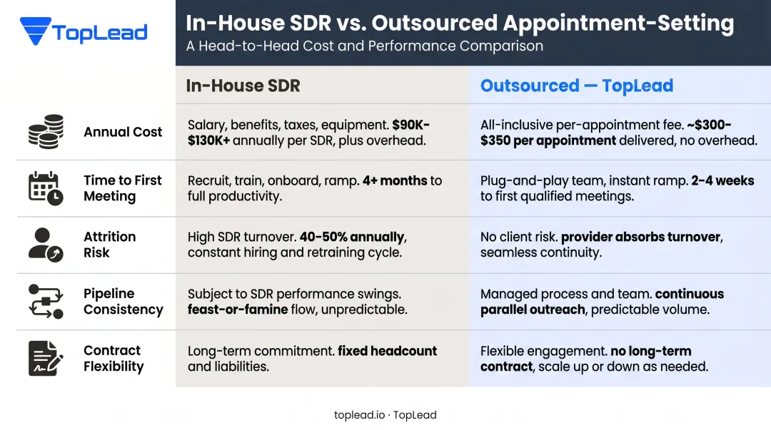 In-house SDR versus outsourced sales team side-by-side cost speed and ROI comparison