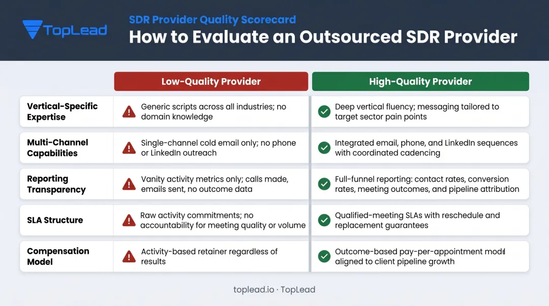 Five key evaluation criteria for vetting outsourced SDR provider quality and performance