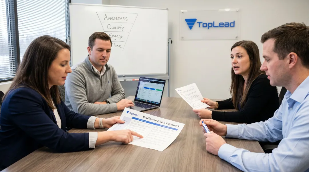Sales and marketing alignment team meeting reviewing shared lead qualification criteria document