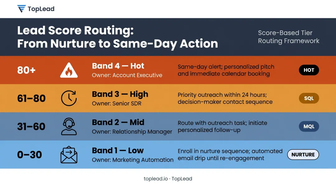 Four-tier lead score threshold routing process from nurture to urgent sales outreach