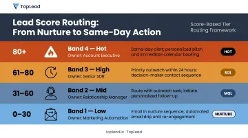 Four-tier lead score threshold routing process from nurture to urgent sales outreach