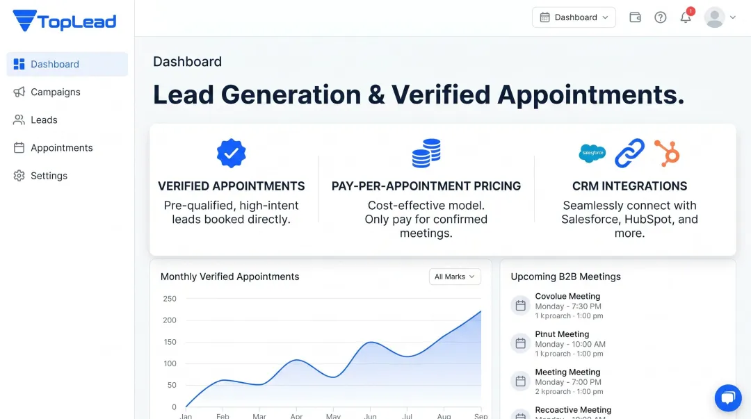 TopLead B2B lead generation service dashboard showing appointment metrics and CRM integrations