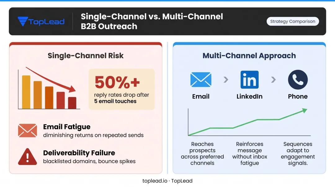 Multi-channel B2B outreach versus single-channel performance comparison infographic