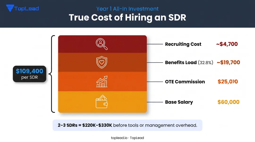 In-house SDR Year 1 all-in cost breakdown with salary benefits and recruiting fees