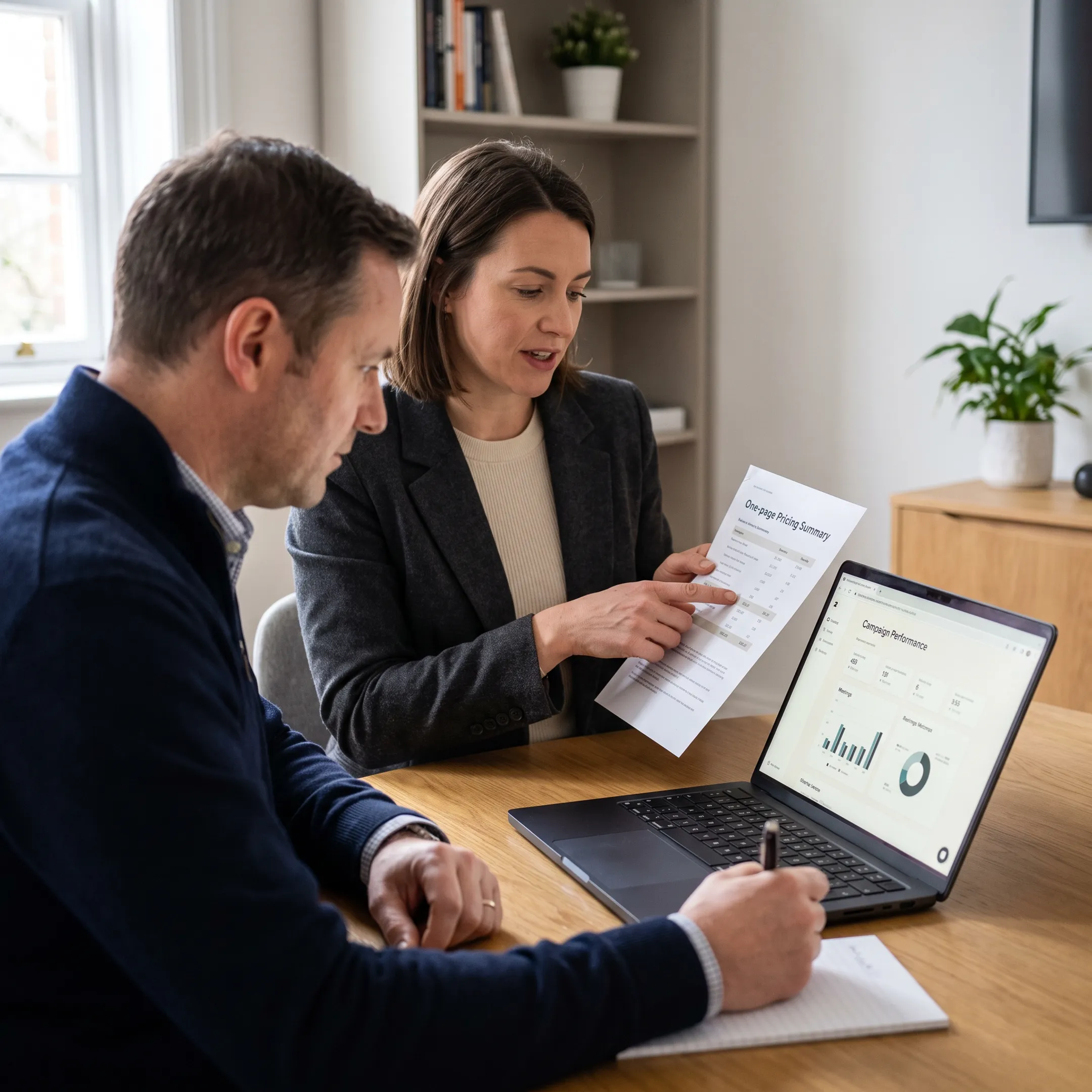 Marketing strategist explaining outbound appointment pricing options