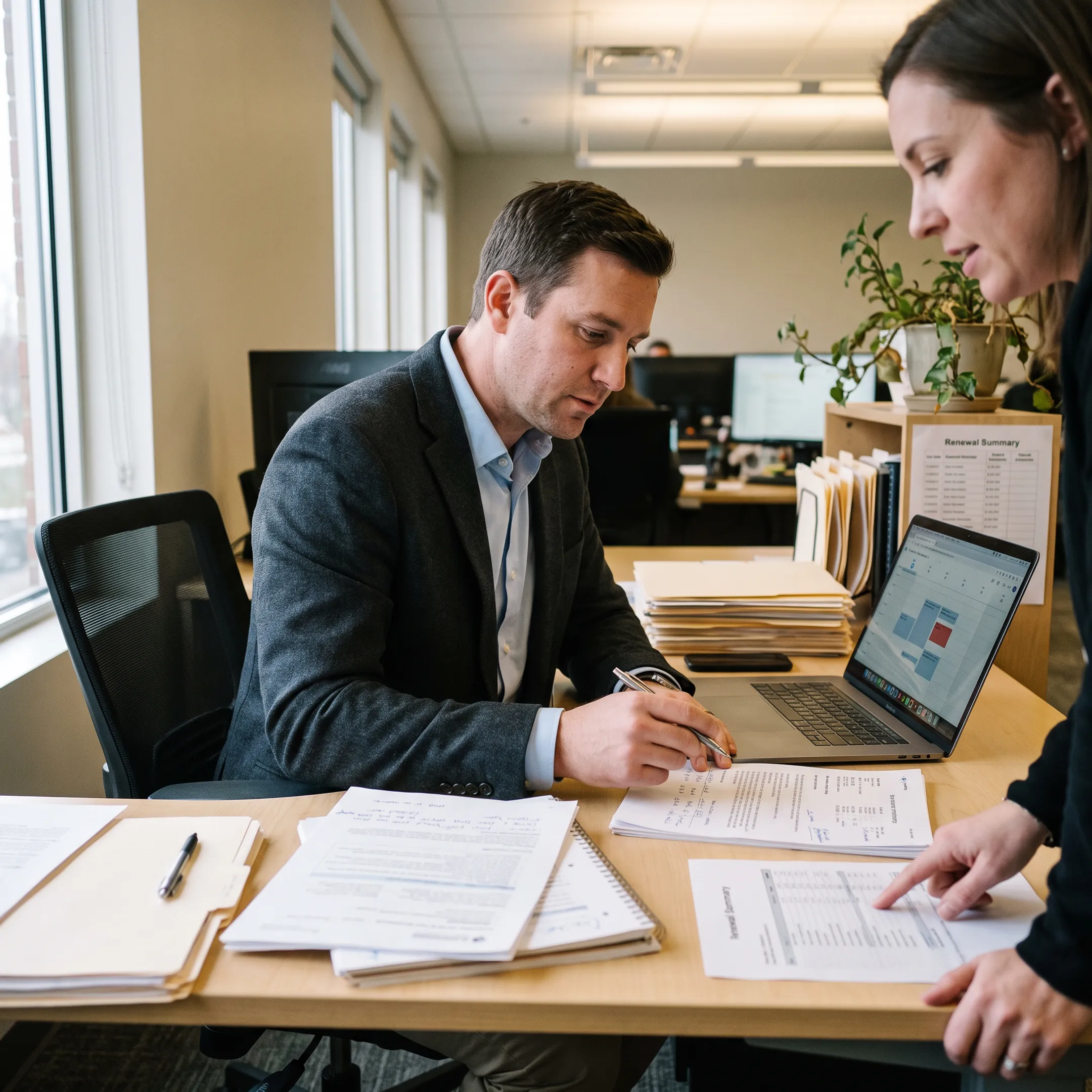 Insurance sales professional reviewing qualified business prospect information with a client