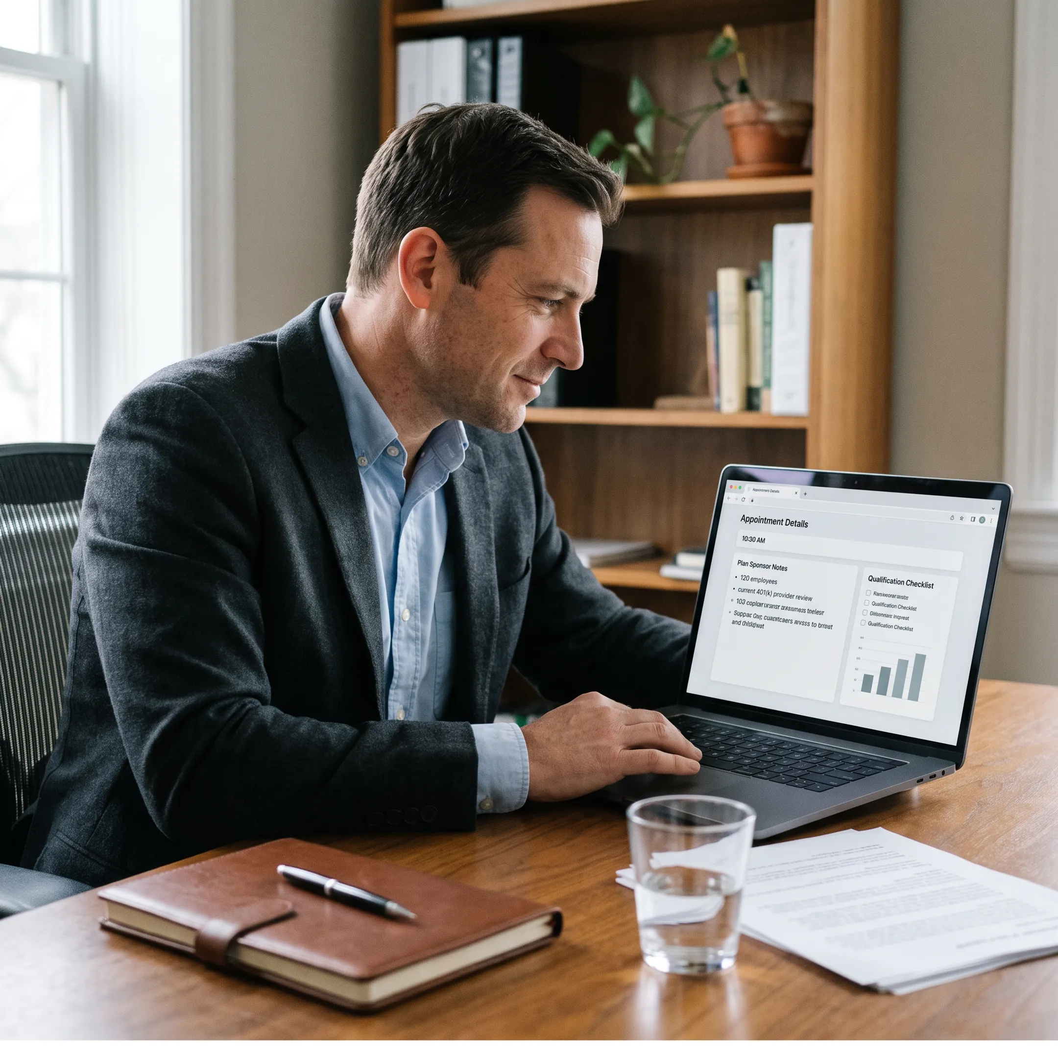 Retirement advisor preparing for a qualified plan sponsor appointment